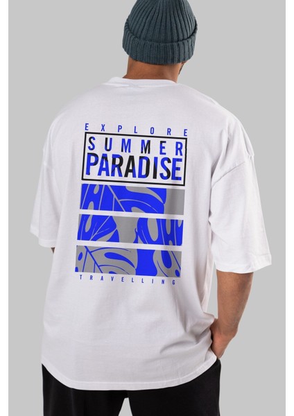 Summer Paradise Arka Baskılı Beyaz Oversize T-Shirt Erkek Kadın Bisiklet Yaka