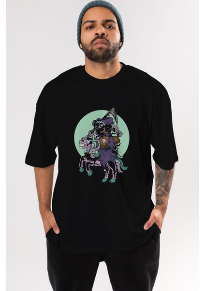 Grim Reaper Riding Ön Baskılı Siyah Oversize T-Shirt Erkek Kadın Bisiklet Yaka