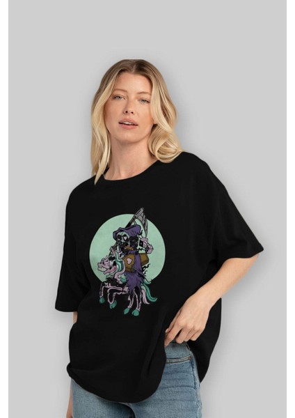 Grim Reaper Riding Ön Baskılı Siyah Oversize T-Shirt Erkek Kadın Bisiklet Yaka fiyatları