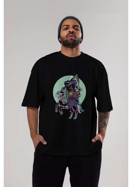 Grim Reaper Riding Ön Baskılı Siyah Oversize T-Shirt Erkek Kadın Bisiklet Yaka modelleri