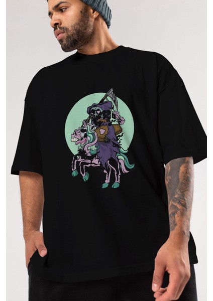 Grim Reaper Riding Ön Baskılı Siyah Oversize T-Shirt Erkek Kadın Bisiklet Yaka fırsatları