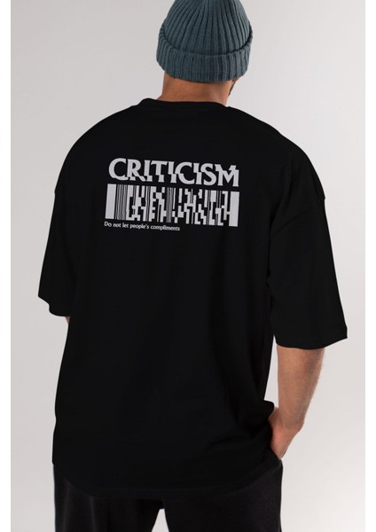 Criticism Streetwear Arka Baskılı Siyah Oversize T-Shirt Erkek Kadın Bisiklet Yaka
