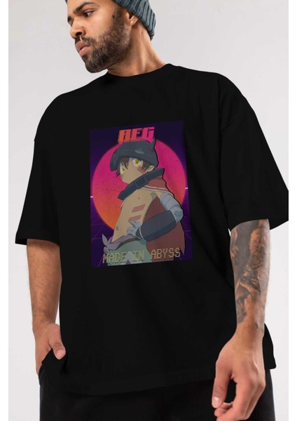 Reg 7 Anime Ön Baskılı Siyah Oversize T-Shirt Erkek Kadın modelleri