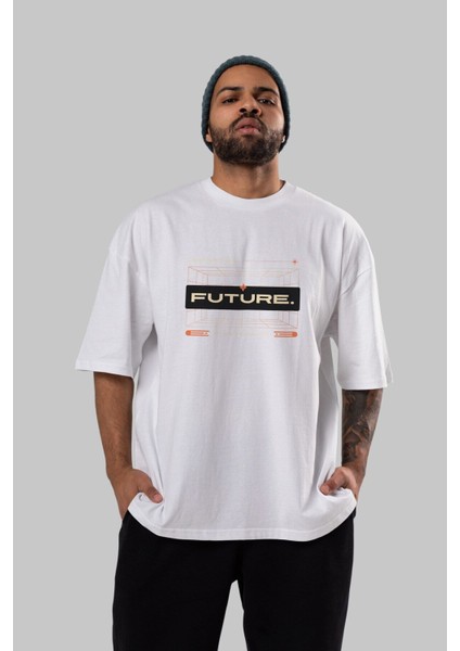 Future Ön Baskılı Beyaz Oversize T-Shirt Erkek Kadın Bisiklet Yaka fiyatları
