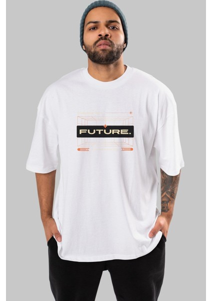 Future Ön Baskılı Beyaz Oversize T-Shirt Erkek Kadın Bisiklet Yaka modelleri
