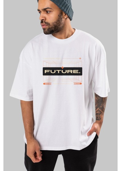 Future Ön Baskılı Beyaz Oversize T-Shirt Erkek Kadın Bisiklet Yaka indirimleri