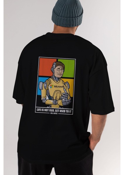 Bill Gates Robot Human Arka Baskılı Siyah Oversize T-Shirt Erkek Kadın Bisiklet Yaka fiyatları