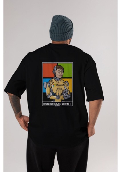 Bill Gates Robot Human Arka Baskılı Siyah Oversize T-Shirt Erkek Kadın Bisiklet Yaka modelleri