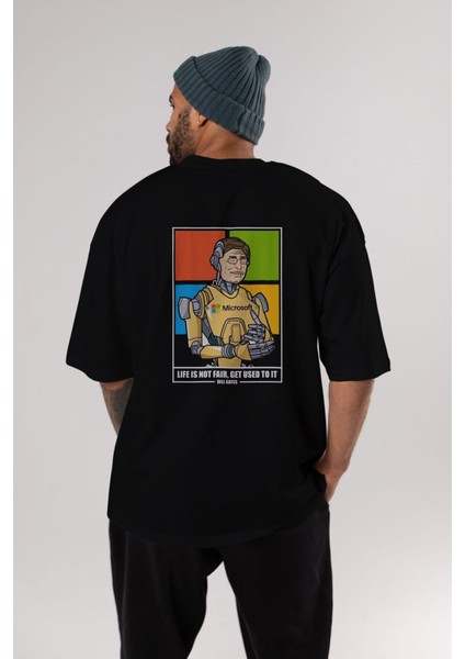Bill Gates Robot Human Arka Baskılı Siyah Oversize T-Shirt Erkek Kadın Bisiklet Yaka fırsatları
