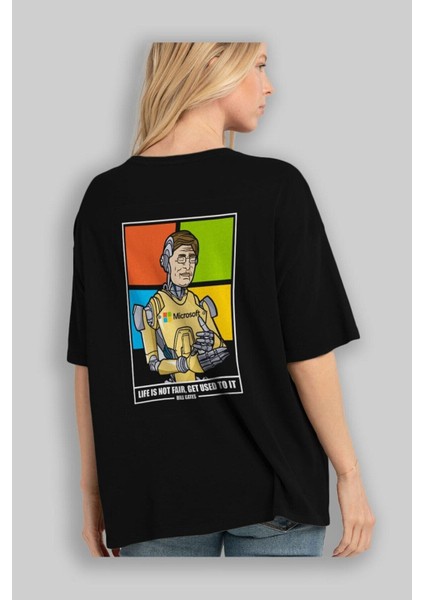 Bill Gates Robot Human Arka Baskılı Siyah Oversize T-Shirt Erkek Kadın Bisiklet Yaka indirimleri