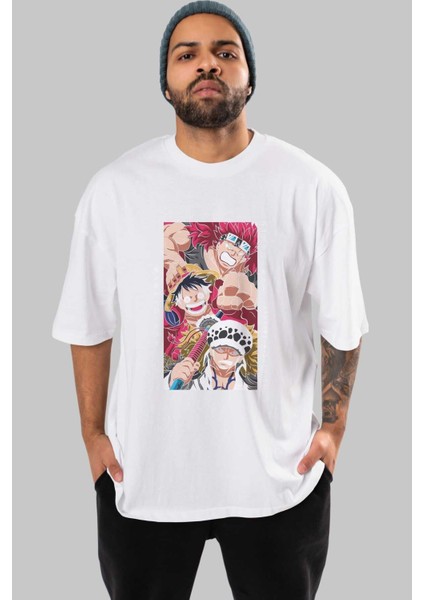 Super Novas One Piece Anime Ön Baskılı Beyaz Oversize T-Shirt Erkek Kadın