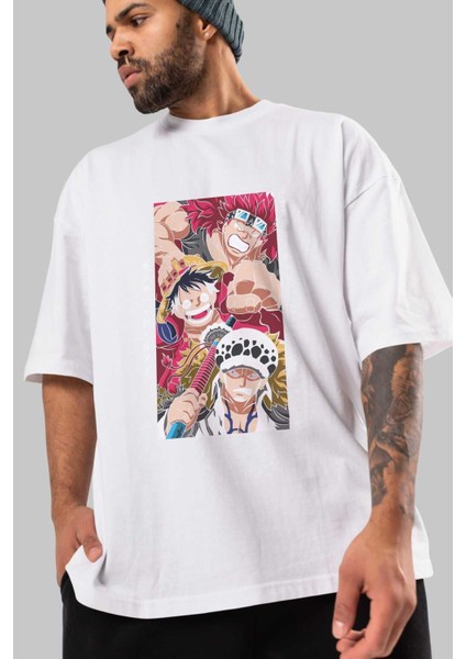 Super Novas One Piece Anime Ön Baskılı Beyaz Oversize T-Shirt Erkek Kadın modelleri