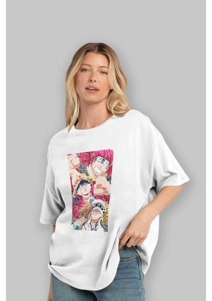 Super Novas One Piece Anime Ön Baskılı Beyaz Oversize T-Shirt Erkek Kadın fırsatları