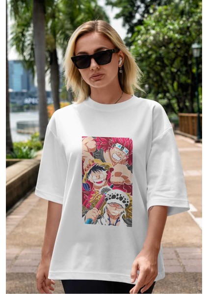 Super Novas One Piece Anime Ön Baskılı Beyaz Oversize T-Shirt Erkek Kadın indirimleri