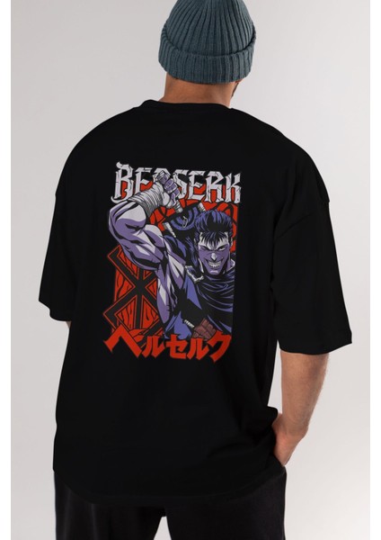 Guts Berserk Anime Arka Baskılı Siyah Oversize T-Shirt Erkek Kadın