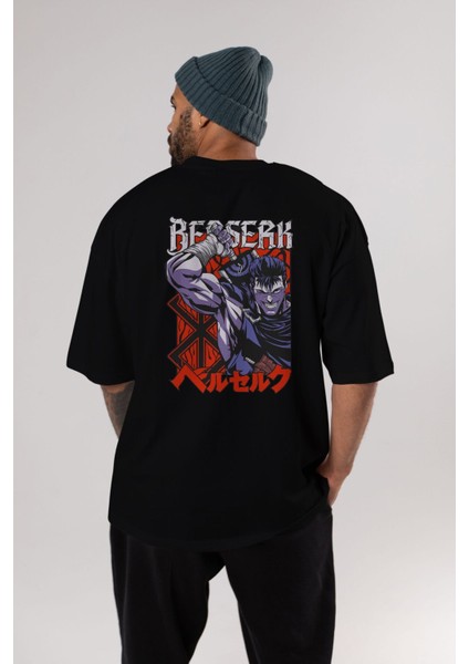 Guts Berserk Anime Arka Baskılı Siyah Oversize T-Shirt Erkek Kadın modelleri