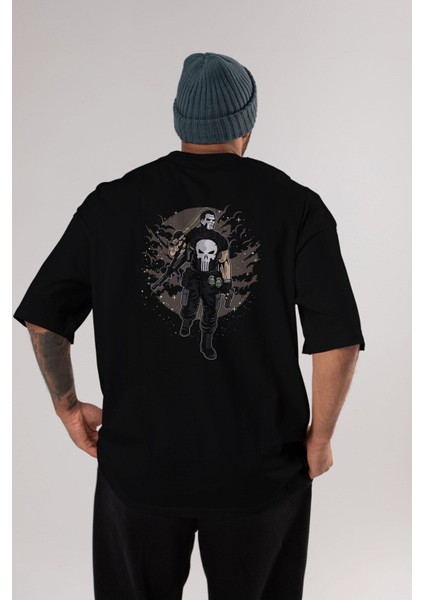 Punisher Arka Baskılı Siyah Oversize T-Shirt Erkek Kadın Bisiklet Yaka