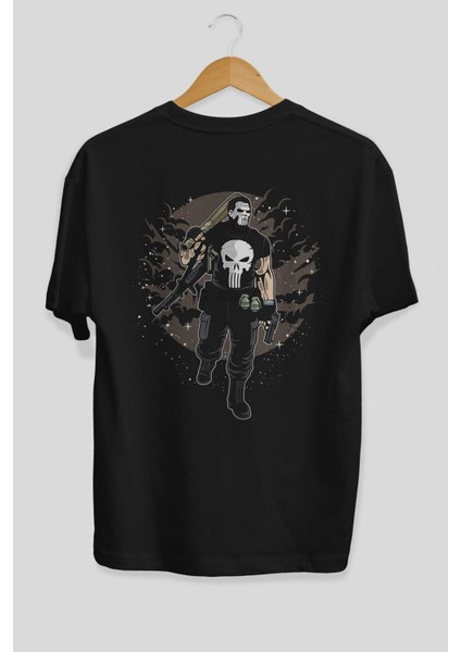Punisher Arka Baskılı Siyah Oversize T-Shirt Erkek Kadın Bisiklet Yaka fiyatları