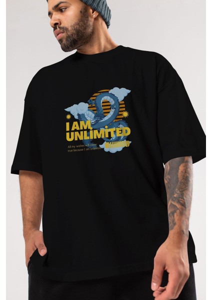 I Am Unlimited Dragon Ön Baskılı Siyah Oversize T-Shirt Erkek Kadın Bisiklet Yaka