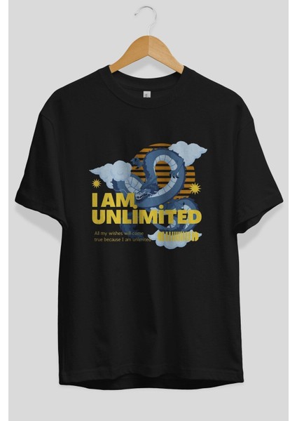 I Am Unlimited Dragon Ön Baskılı Siyah Oversize T-Shirt Erkek Kadın Bisiklet Yaka fiyatları