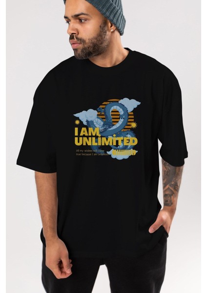 I Am Unlimited Dragon Ön Baskılı Siyah Oversize T-Shirt Erkek Kadın Bisiklet Yaka modelleri