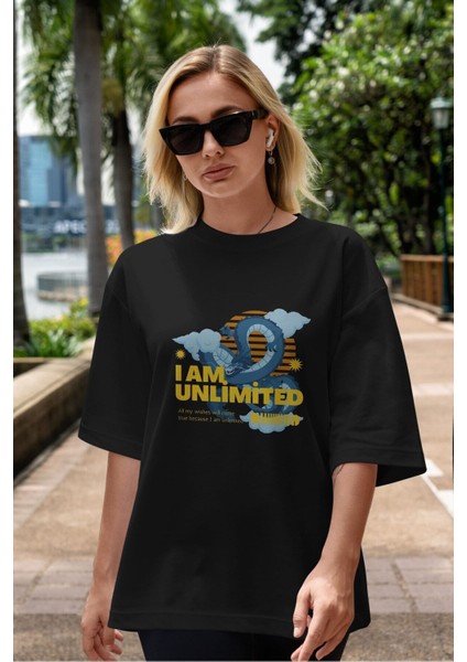 I Am Unlimited Dragon Ön Baskılı Siyah Oversize T-Shirt Erkek Kadın Bisiklet Yaka indirimleri