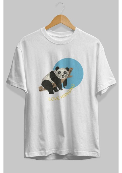 Panda Love Hanging Ön Baskılı Beyaz Oversize T-Shirt Erkek Kadın Bisiklet Yaka
