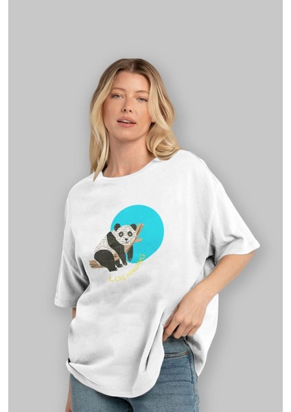 Panda Love Hanging Ön Baskılı Beyaz Oversize T-Shirt Erkek Kadın Bisiklet Yaka modelleri
