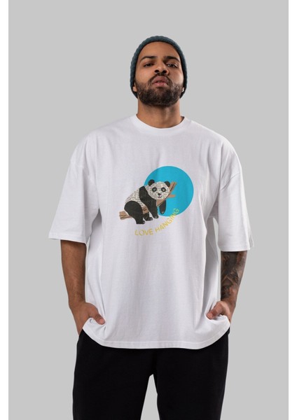 Panda Love Hanging Ön Baskılı Beyaz Oversize T-Shirt Erkek Kadın Bisiklet Yaka indirimleri