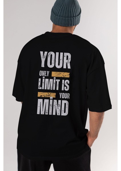 Your Limit Is Yazılı Arka Baskılı Siyah Oversize T-Shirt Erkek Kadın Bisiklet Yaka modelleri