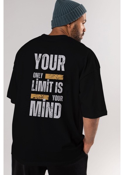 Your Limit Is Yazılı Arka Baskılı Siyah Oversize T-Shirt Erkek Kadın Bisiklet Yaka fırsatları