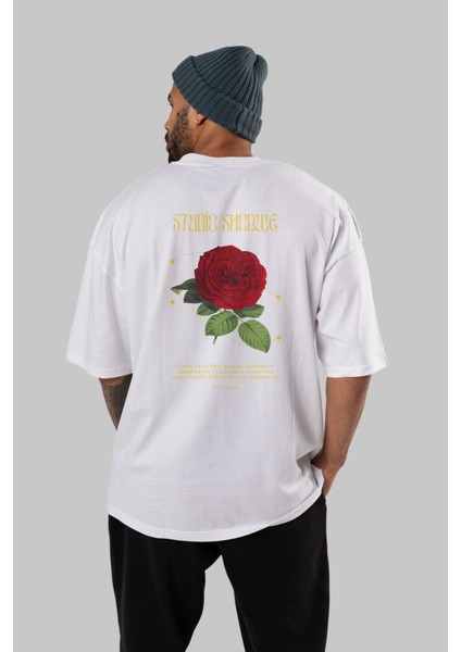 Studio Shodwe Rose Arka Baskılı Beyaz Oversize T-Shirt Erkek Kadın Bisiklet Yaka