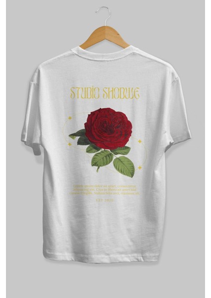 Studio Shodwe Rose Arka Baskılı Beyaz Oversize T-Shirt Erkek Kadın Bisiklet Yaka fiyatları