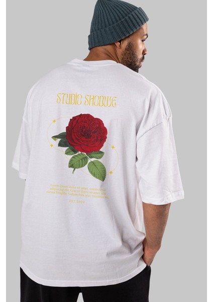Studio Shodwe Rose Arka Baskılı Beyaz Oversize T-Shirt Erkek Kadın Bisiklet Yaka fırsatları