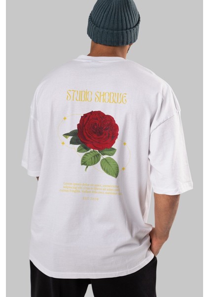 Studio Shodwe Rose Arka Baskılı Beyaz Oversize T-Shirt Erkek Kadın Bisiklet Yaka indirimleri