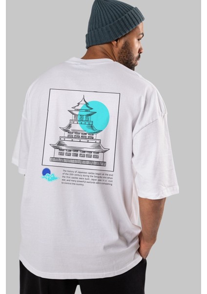 Retro Japanese Arka Baskılı Beyaz Oversize T-Shirt Erkek Kadın Bisiklet Yaka modelleri