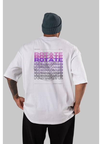 Rotate Yazılı Arka Baskılı Beyaz Oversize T-Shirt Erkek Kadın Bisiklet Yaka