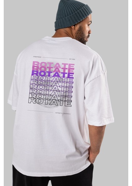 Rotate Yazılı Arka Baskılı Beyaz Oversize T-Shirt Erkek Kadın Bisiklet Yaka modelleri