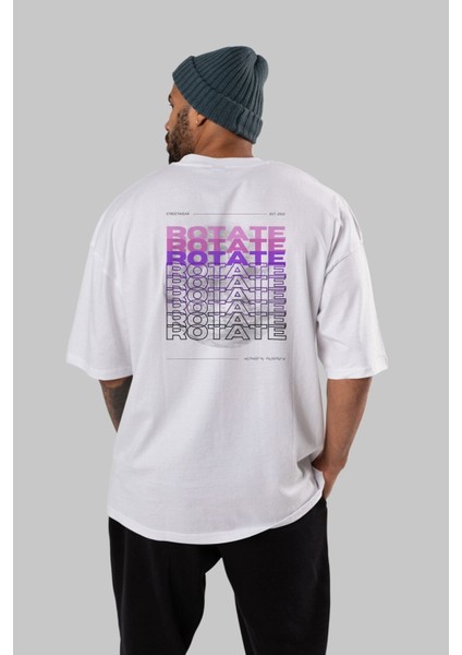 Rotate Yazılı Arka Baskılı Beyaz Oversize T-Shirt Erkek Kadın Bisiklet Yaka fırsatları