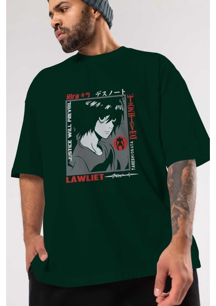Death Note Anime Ön Baskılı Zümrüt Yeşili Oversize T-Shirt Erkek Kadın modelleri