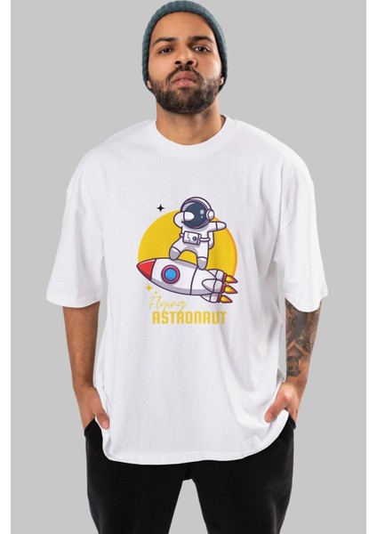 Flying Astronaut Yazılı Ön Baskılı Beyaz Oversize T-Shirt Erkek Kadın Bisiklet Yaka fırsatları