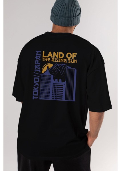 Tokyo Arka Baskılı Siyah Oversize T-Shirt Erkek Kadın Bisiklet Yaka