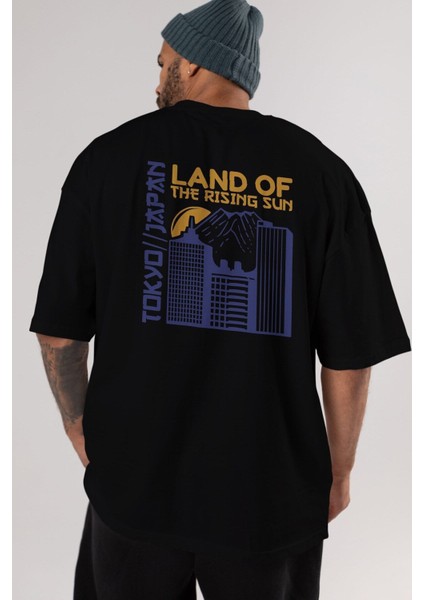Tokyo Arka Baskılı Siyah Oversize T-Shirt Erkek Kadın Bisiklet Yaka modelleri