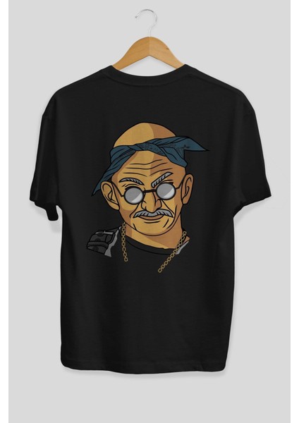 Tupac Gandhi Arka Baskılı Siyah Oversize T-Shirt Erkek Kadın Bisiklet Yaka fiyatları
