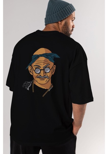 Tupac Gandhi Arka Baskılı Siyah Oversize T-Shirt Erkek Kadın Bisiklet Yaka modelleri