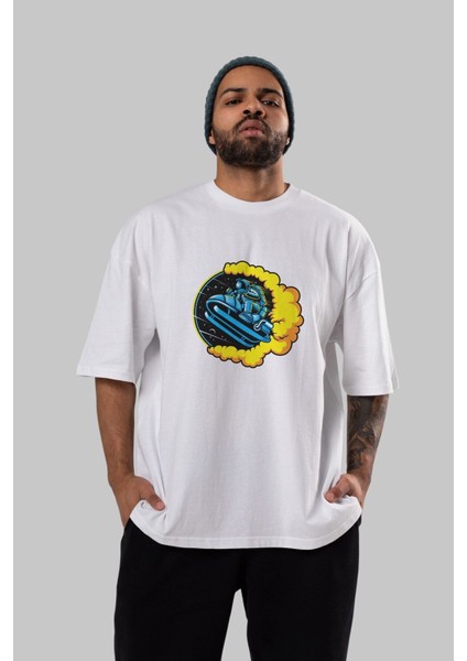 Astrojump With Snowmobile Ön Baskılı Beyaz Oversize T-Shirt Erkek Kadın Bisiklet Yaka