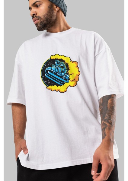 Astrojump With Snowmobile Ön Baskılı Beyaz Oversize T-Shirt Erkek Kadın Bisiklet Yaka fiyatları