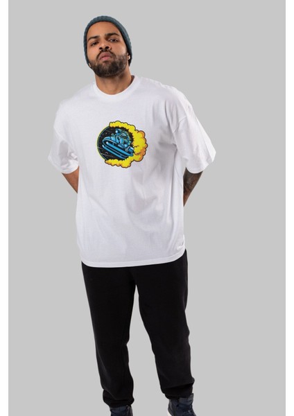 Astrojump With Snowmobile Ön Baskılı Beyaz Oversize T-Shirt Erkek Kadın Bisiklet Yaka modelleri