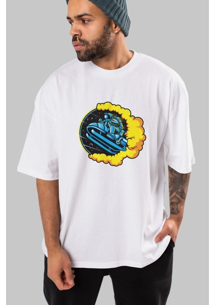 Astrojump With Snowmobile Ön Baskılı Beyaz Oversize T-Shirt Erkek Kadın Bisiklet Yaka fırsatları