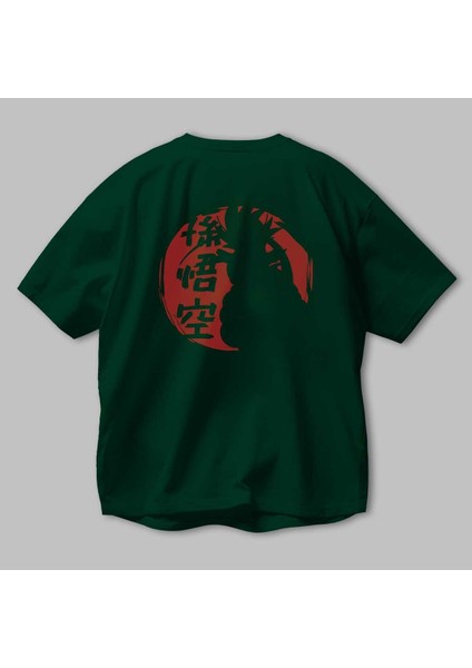 Arka Baskılı Zümrüt Yeşili Oversize T-Shirt Pamuk Erkek Kadın modelleri